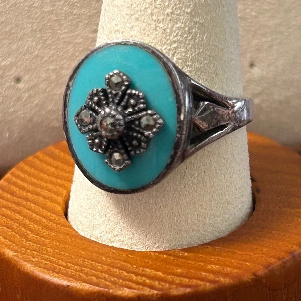 Vintage Sterling Silver Marcasite Turquoise Color Ring Size 7.5 Art Deco 925